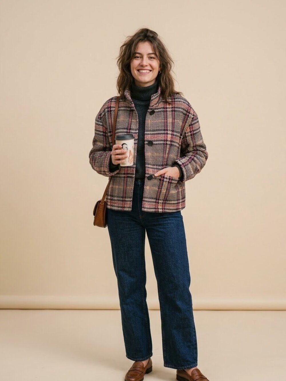 EUC Halogen Purple Multi Plaid Herringbone Heavy Funnel Neck Jacket